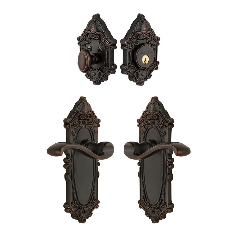 Grandeur by Nostalgic Warehouse Single Cylinder Combo Pack Keyed Differently - Grande Victorian Plate with Portofino Lever and Matching Deadbolt in Timeless Bronze